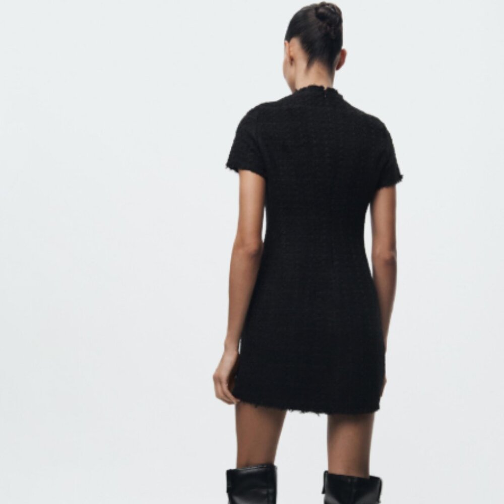 NWT Zara Structured Tweed Frayed Mini Dress Black - Picture 3 of 14